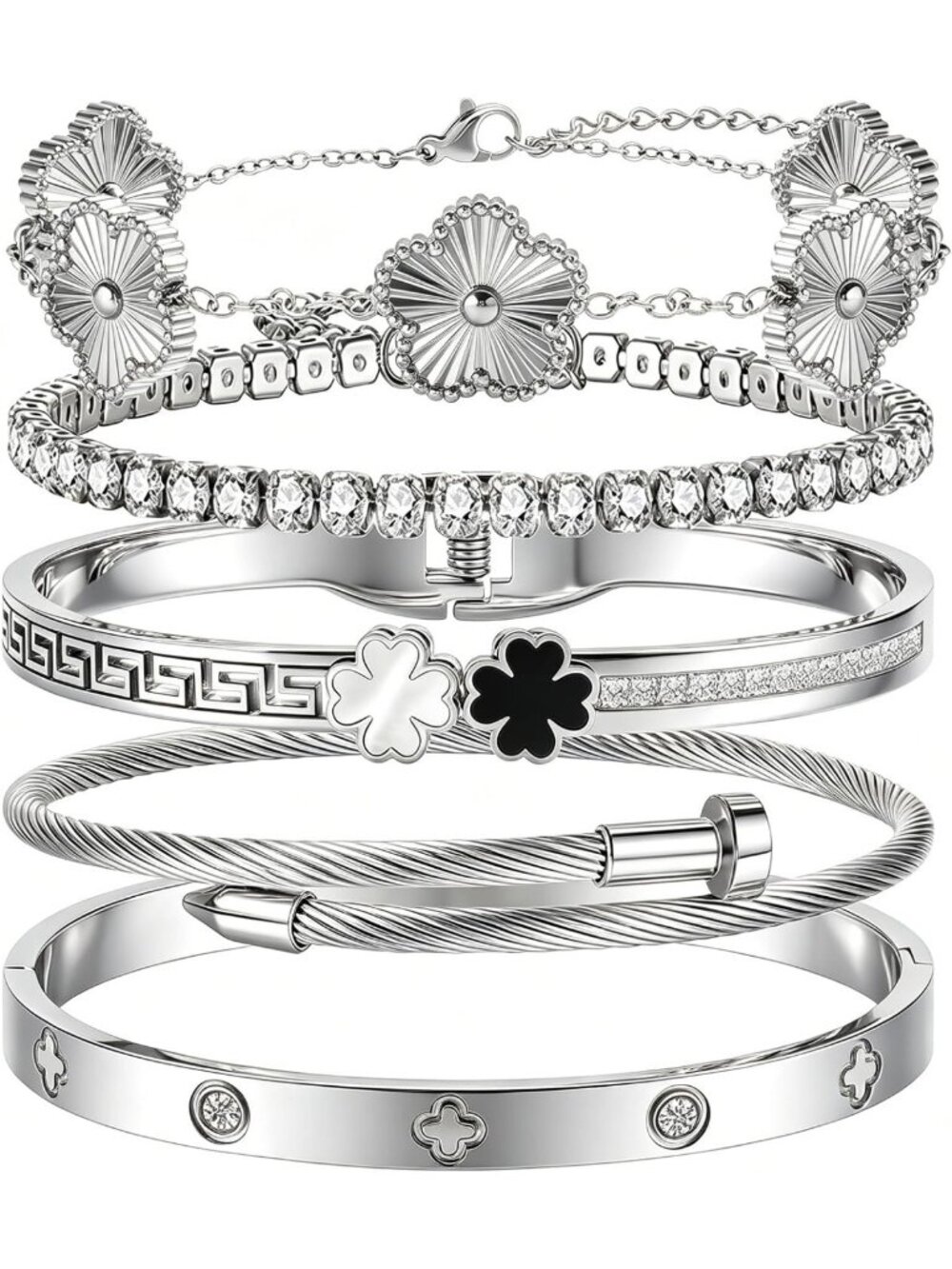 Trendy Silver Stackable Bangle Bracelets for Women - Non-Tarnish Clover Charm